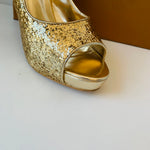 Audrey Brooke Gold Glitter Platform Peep Toe Pump Size 8