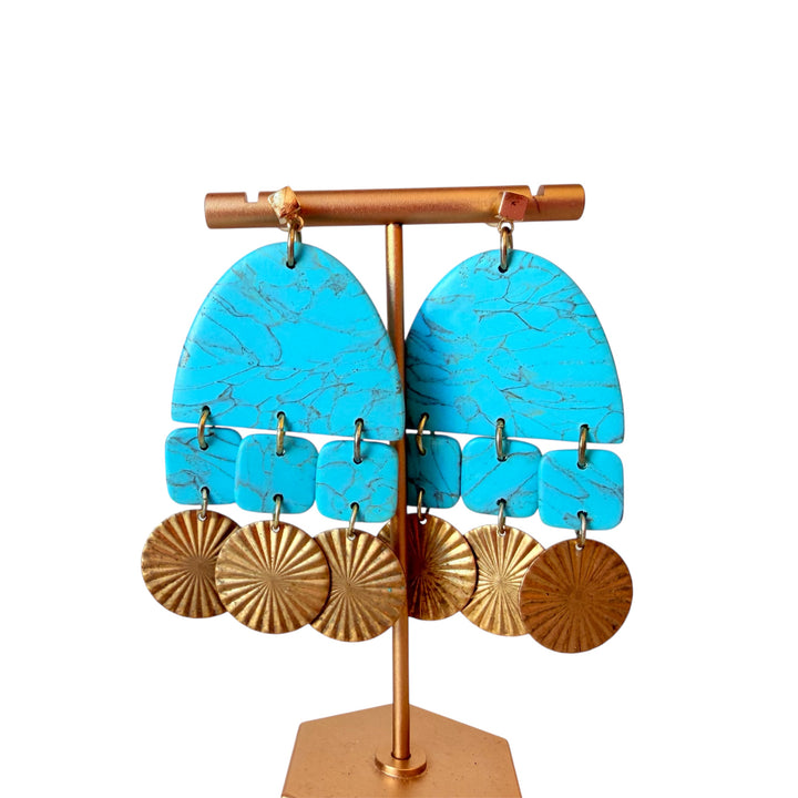 Bohemian Style Turquoise & Goldtone Dangle Pierced Earrings