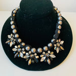 Loft Faux Grey Pearl Rhinestone Ribbon Statement Necklace