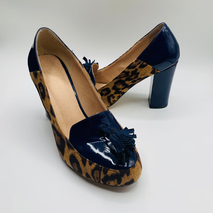 Lehoor Women’s Chunky Block Heel Fringe Pumps in Patent Blue and Leopard Print Size 8