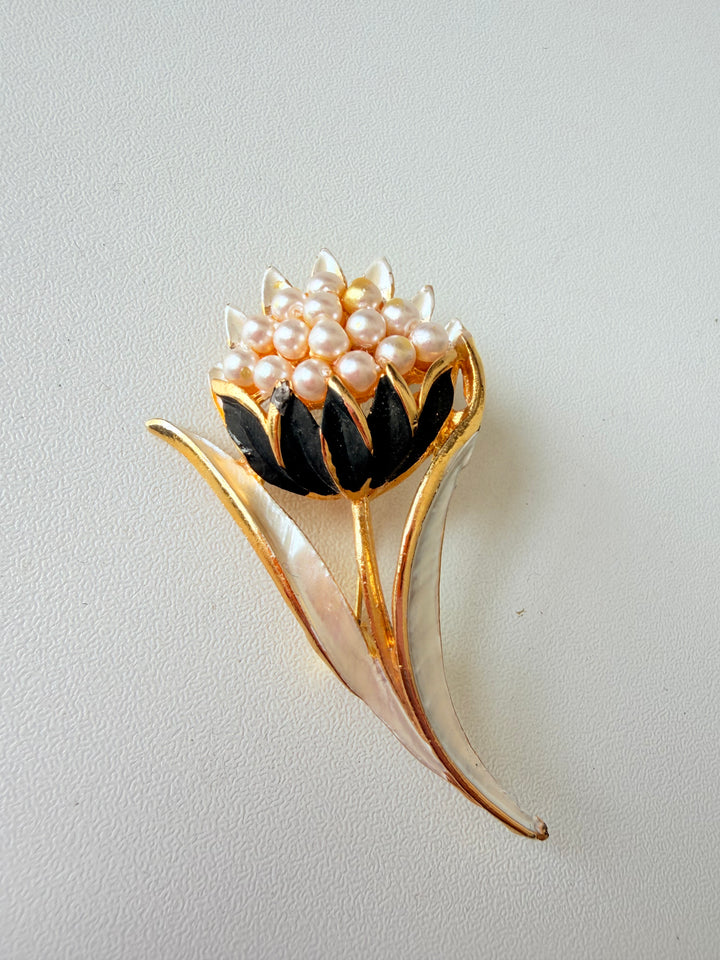Vintage Floral Tulip Broch with Pearls And Black Enamel