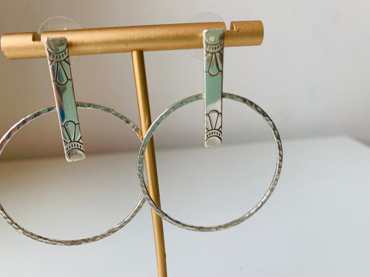 Silver Tone Large Hammered Circular Hoop Pierced Earrings