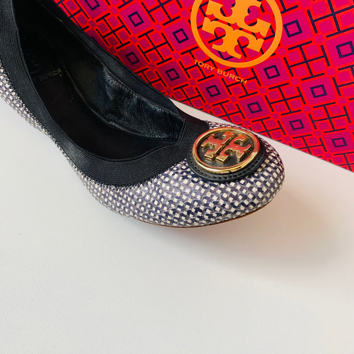 Tory Burch Caroline 2 -Black White Tidal Grid Ballet Flat Size 7