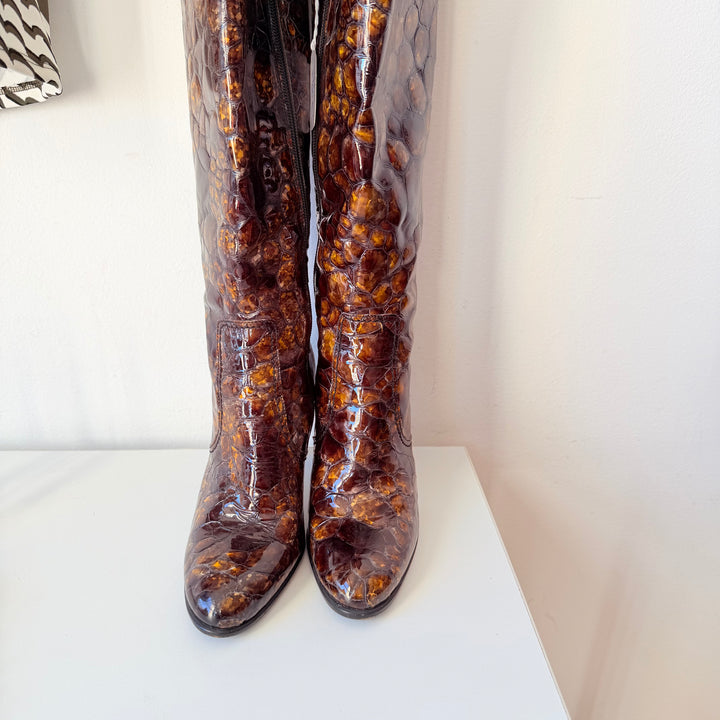 Angela Falconi Faux Patent Croc Knee Boots Size 38