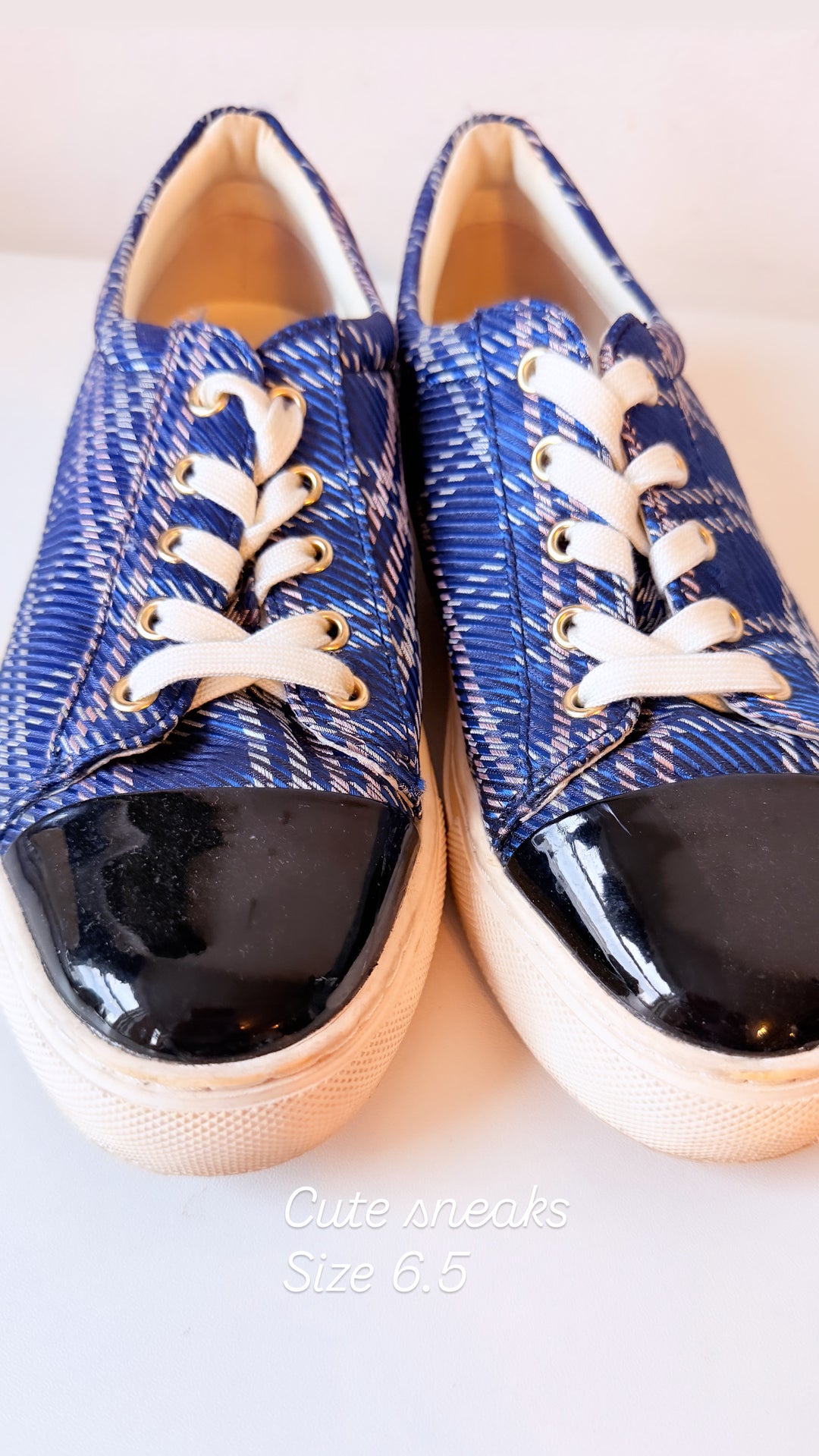 1901 Blue Plaid & Black Patent Sneakers Size 6.5