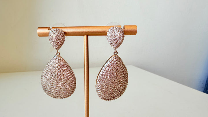 Crystal Rhinestone Pave Double Teardrop Silvertone Pierced Earrings