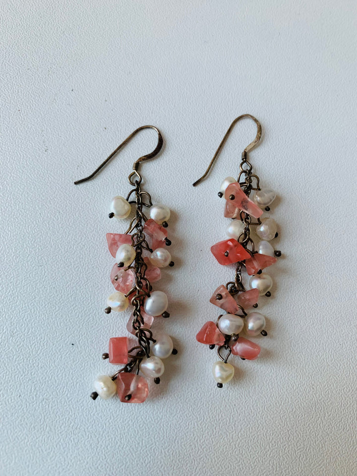 Pink Rough Stone and Pearl Drop Pierced Earrings