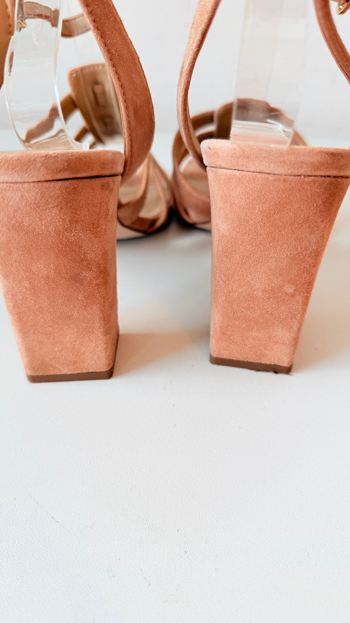 Ann Taylor Arnetta Tan Suede Block Heel Strappy Sandals Size 9