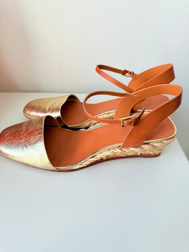 Tory Burch Gold Leather Metallic Basketweave Closed Toe Espadrille Size 10