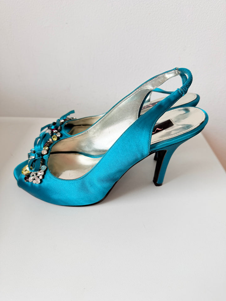 Nina Teal Blue Milika Satin Crystal Embellished Peep Toe Heeled Slingbacks Size 8