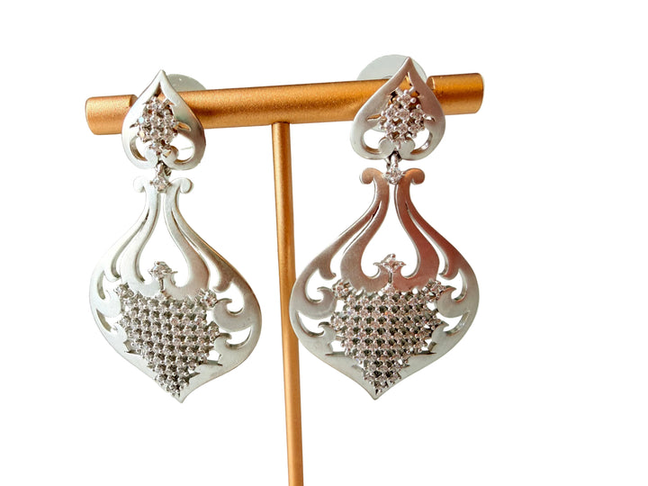 Silver Cut Out Filigree Crystal Embellished Statement Pierced Earrings