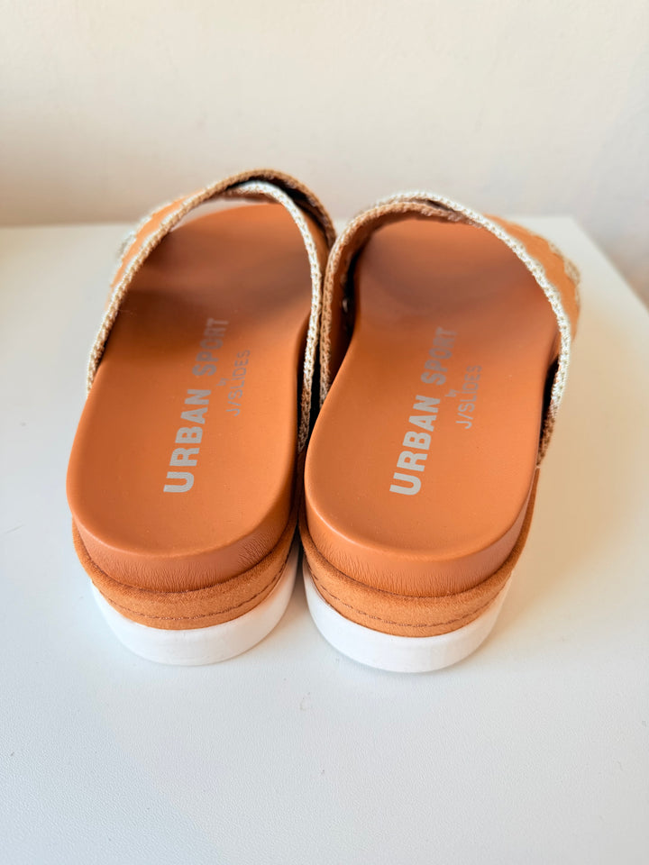 J/Slides Urban Sport Tan Faux Suede Beck Slip On Sandals Size 6.5 New In Box
