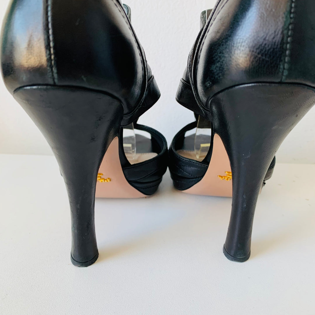 Prada Black Leather Peep Toe Platform Cut Out Heels Size 37.5 Authentic