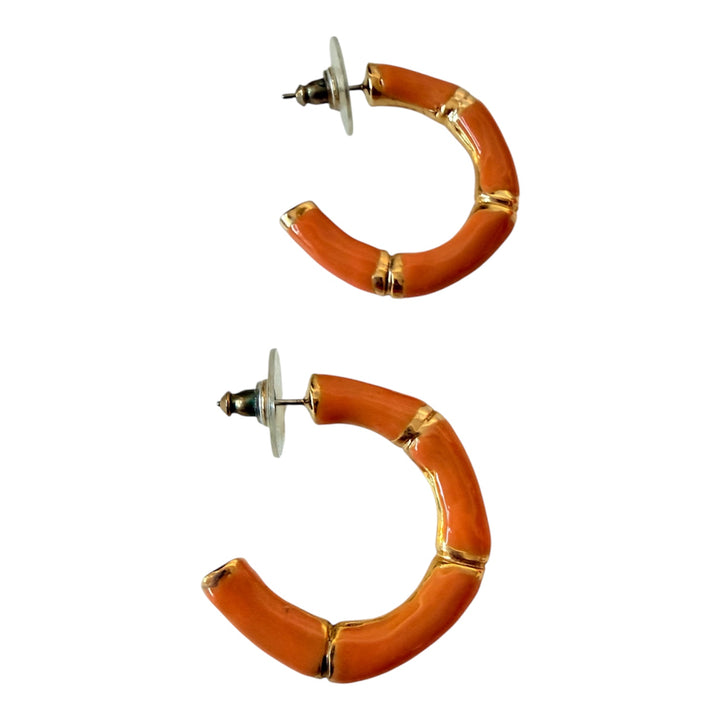 Kenneth Jay Lane Orange Enamel Bamboo Style Hoop Earrings
