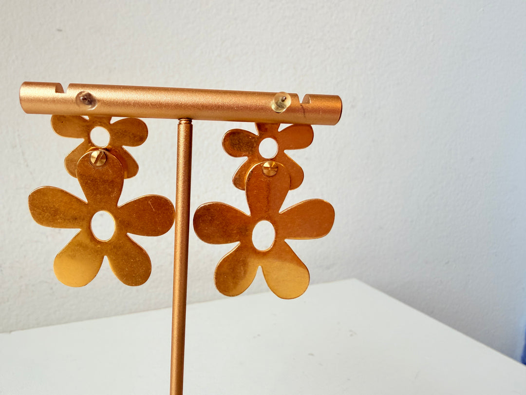 Gold Tone Double Flower Drop Pierced Earrings