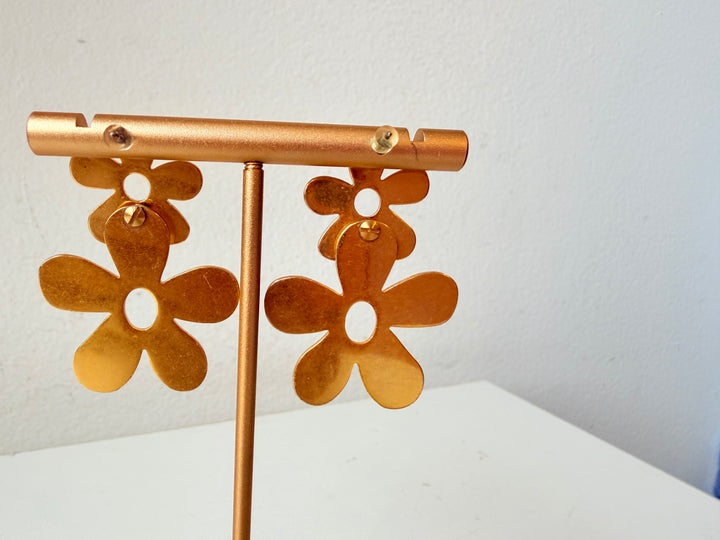 Gold Tone Double Flower Drop Pierced Earrings