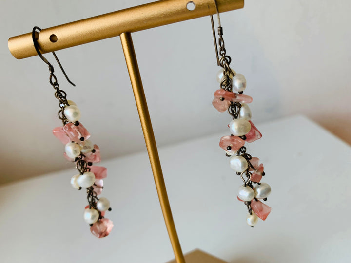 Pink Rough Stone and Pearl Drop Pierced Earrings