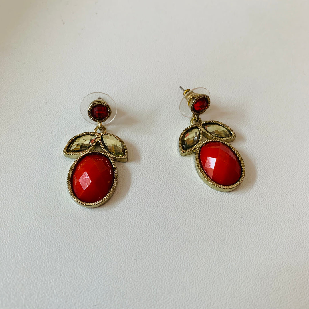 Red Stone and Rhinestone Pierced Earrings