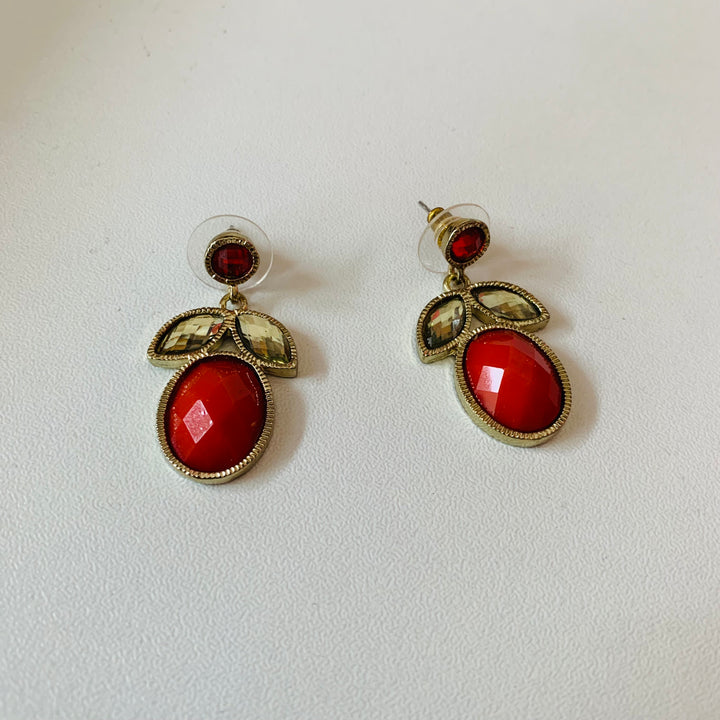Red Stone and Rhinestone Pierced Earrings