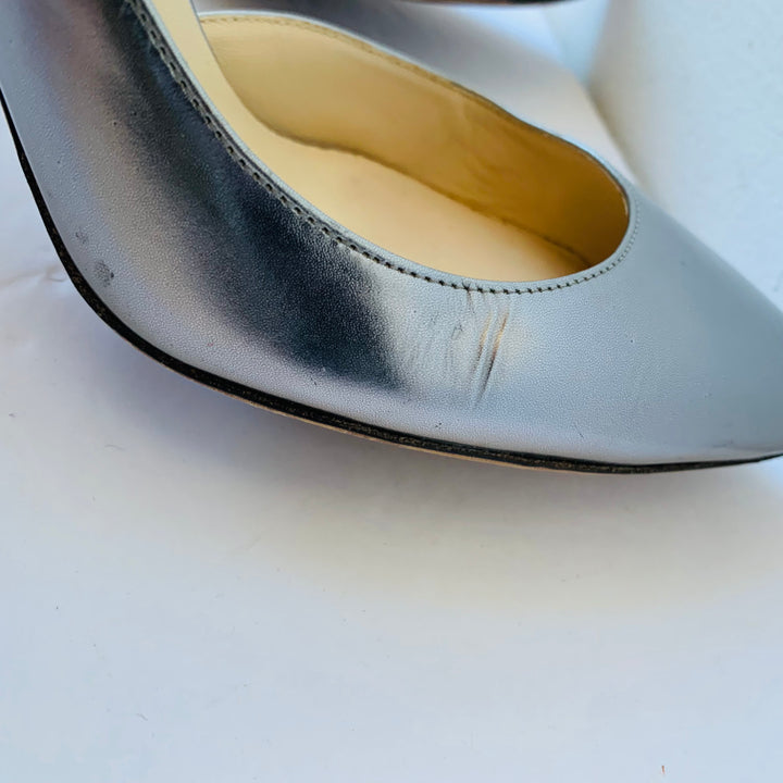 Jimmy Choo Lucy 100 Women’s Silver Metallic Leather D’Orsay Pointy Toe Ankle Strap Pumps Size 40