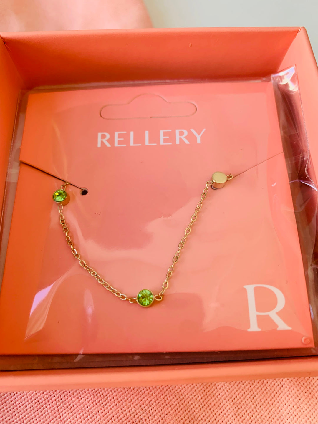 Rellery Gold Tone Citrine Green Stone Necklace New in Box