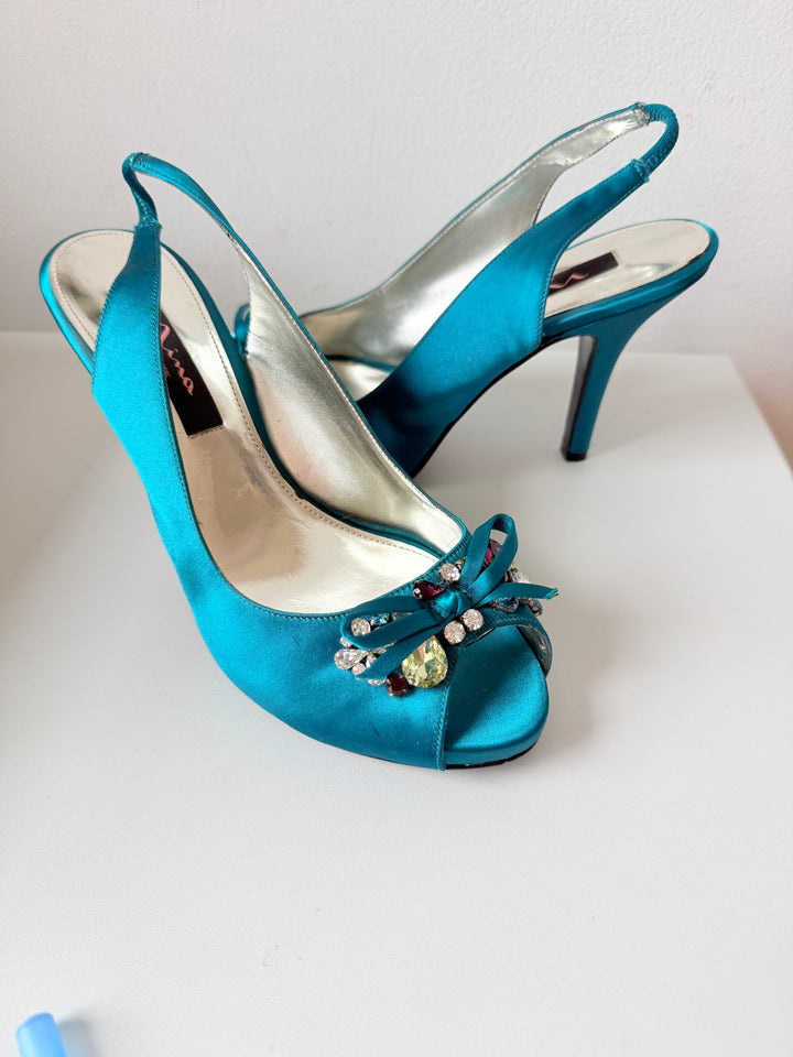 Nina Teal Blue Milika Satin Crystal Embellished Peep Toe Heeled Slingbacks Size 8