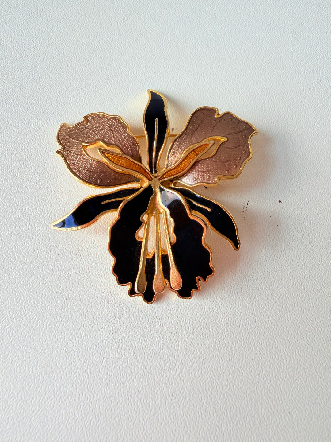 Vintage Gold & Black Enamel Orchid Brooch