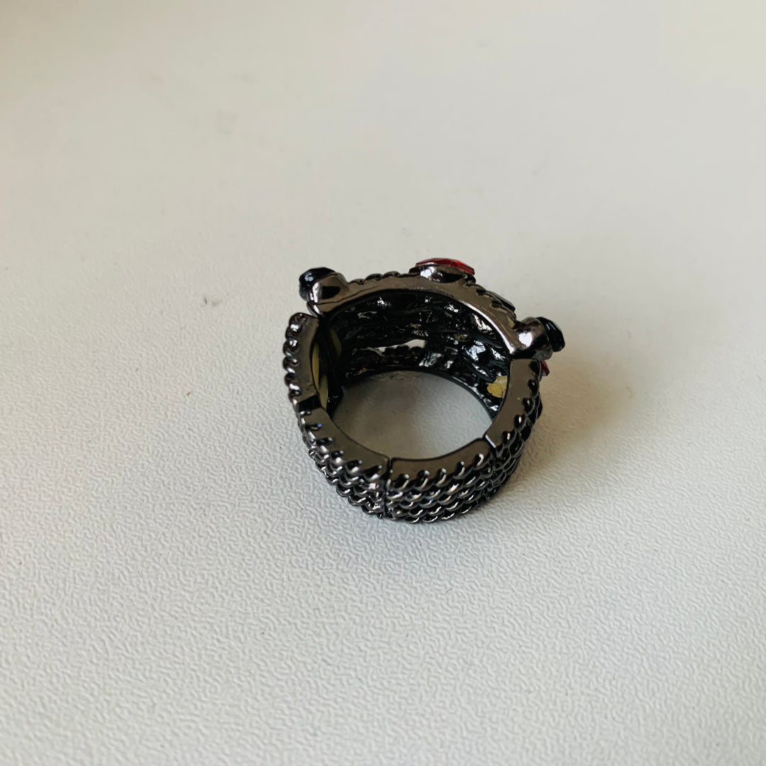 Red and Black Rhinestone Stretch Ring In Platinum Tone