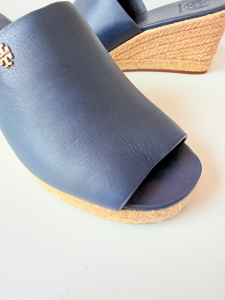 Tory Burch Bima Espadrille Wedge Sandals In Navy Blue Size 8 New
