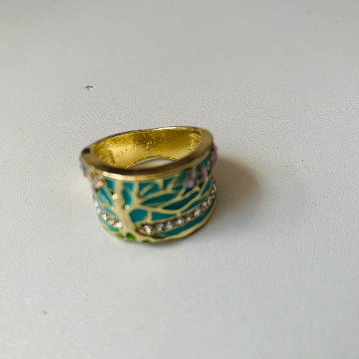 Tree Of Life Gold Tone And Green Enamel Ring Size 8