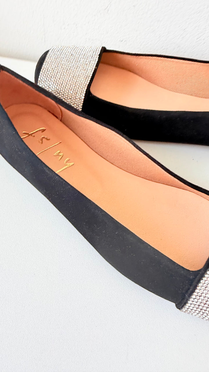 French Sole Via FS/NY Black Rhinestone Square Toe Ballet Flats Size Women’s 7