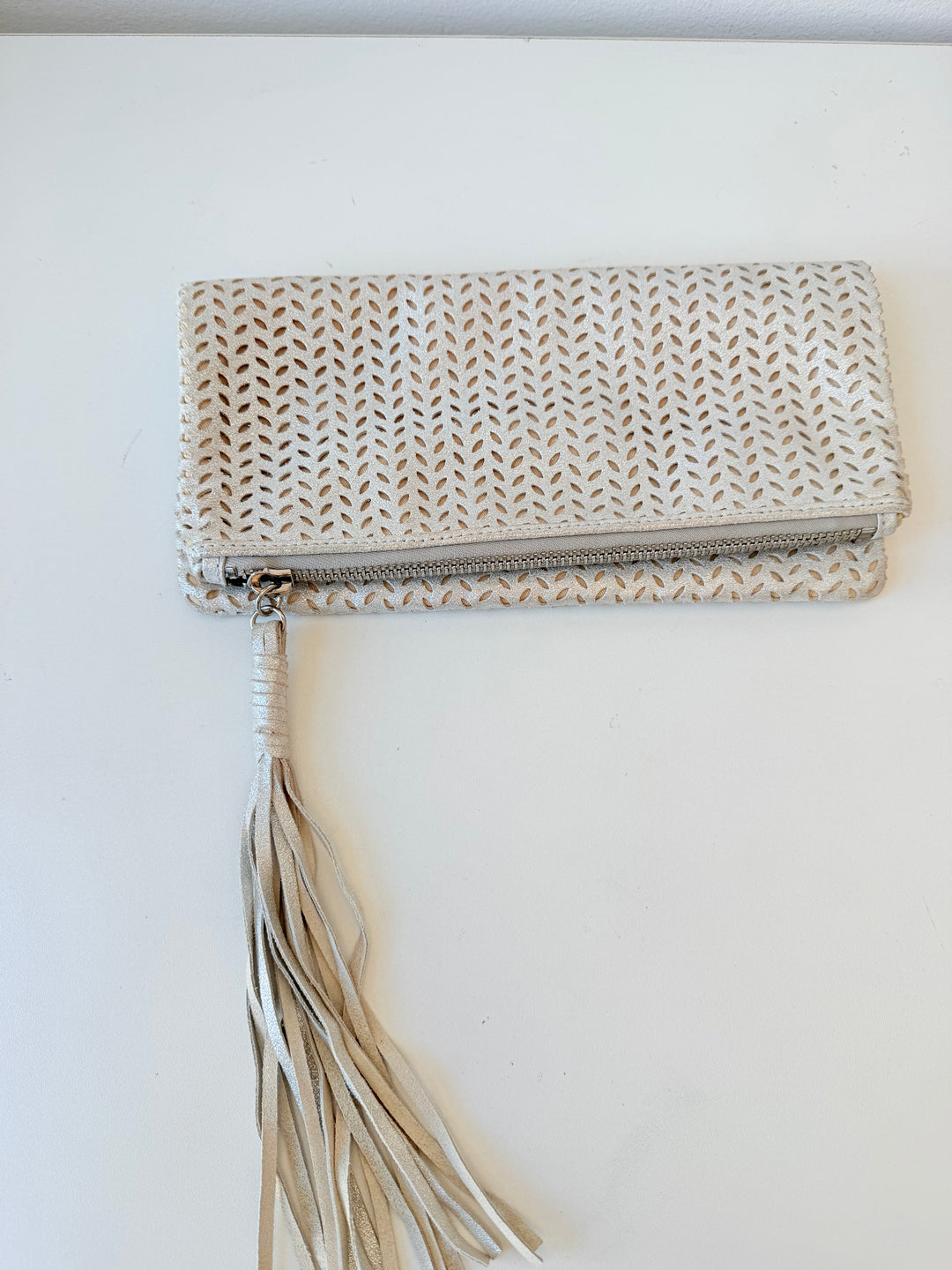 B-Low The Belt Silver Mettalic Leather Perforated Fold Over Clutch