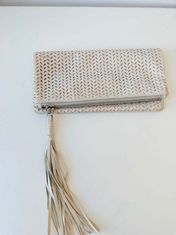 B-Low The Belt Silver Mettalic Leather Perforated Fold Over Clutch