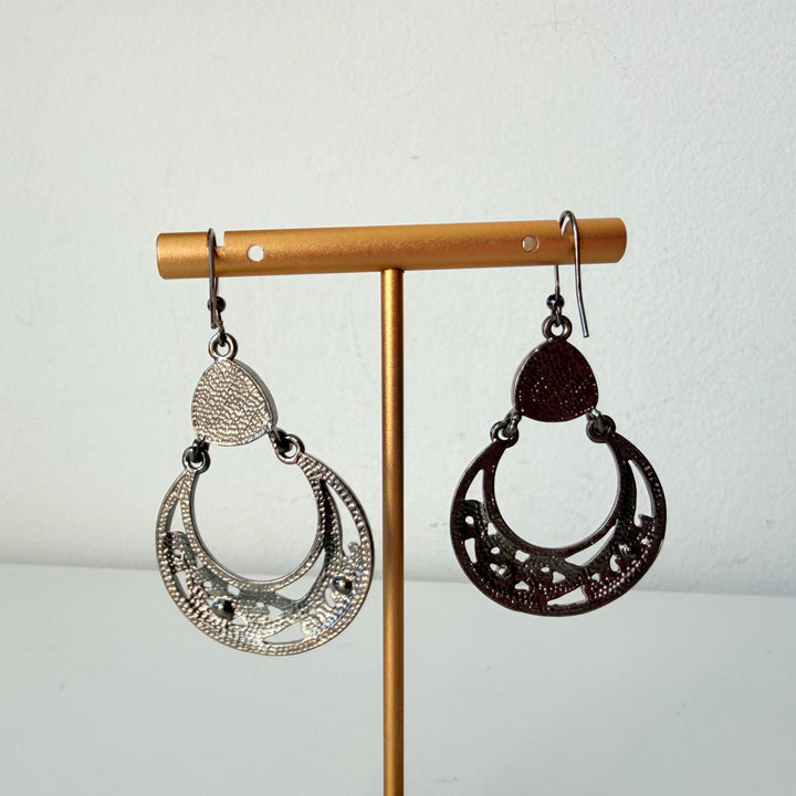 Silver & Black Rhinestone Stone Drop Hoop Pierced Earrings