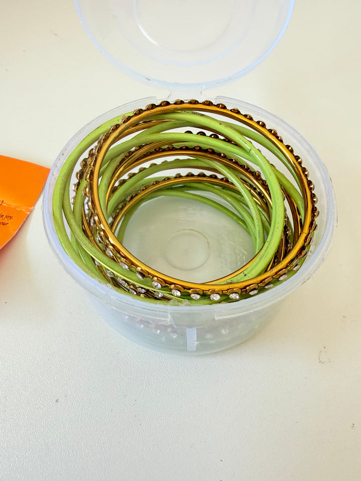 Touchstone Indian Bangle Set In Green & Gold Tone With Rhinestone’s