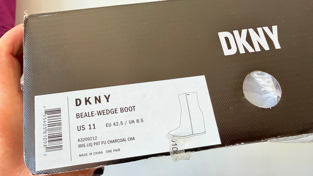 DKNY Beale Wedge Boots Iris Liquid Patent Charcoal Size 11 New in Box