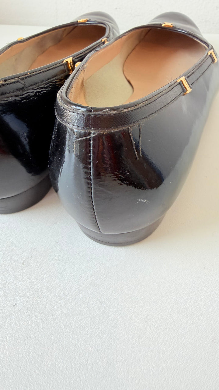Salvatore Ferragamo Boutique Black Patent Leather Gold Detailed Ballet Flats Size 10 Women’s