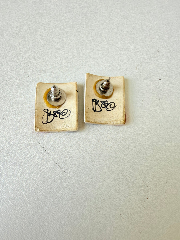 Vintage Modern Abstract Hand Painted Signed Pierced Earrings