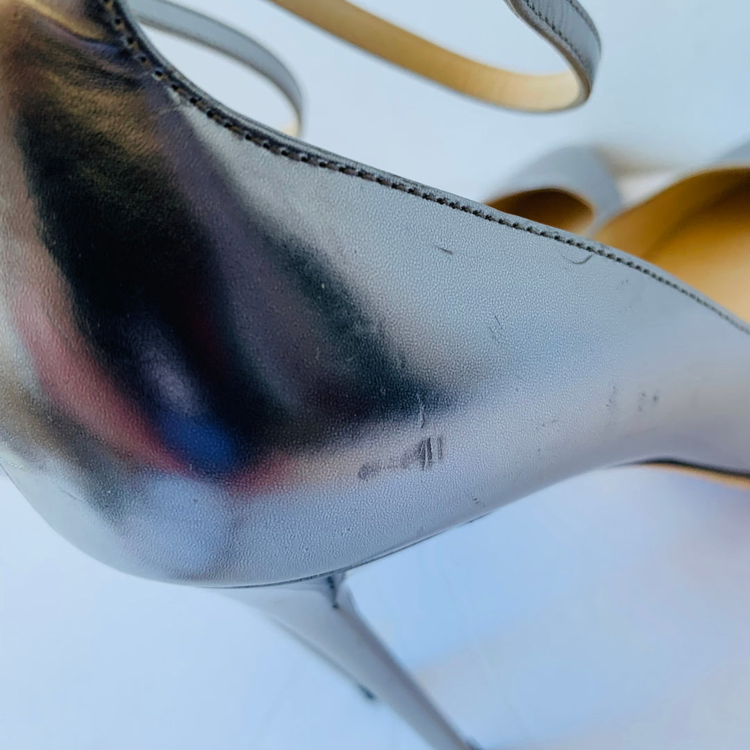 Jimmy Choo Lucy 100 Women’s Silver Metallic Leather D’Orsay Pointy Toe Ankle Strap Pumps Size 40