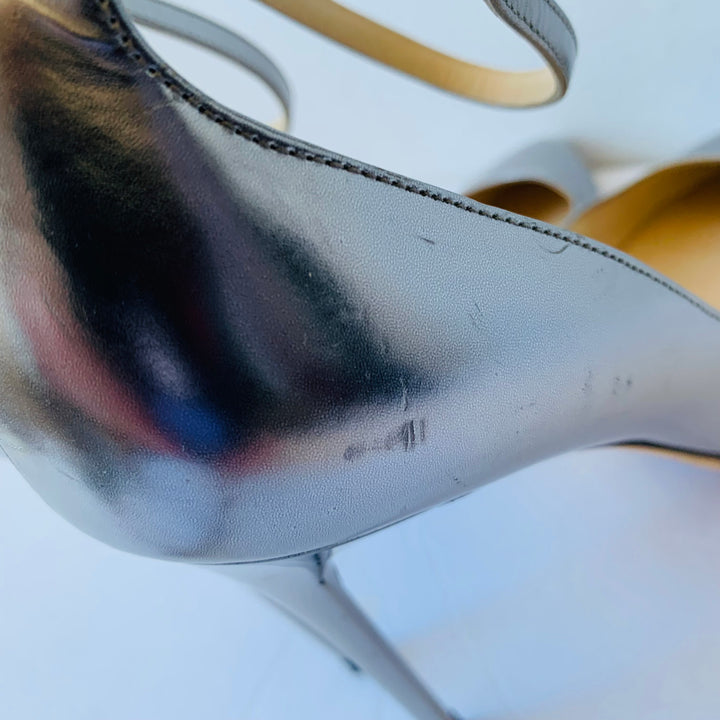 Jimmy Choo Lucy 100 Women’s Silver Metallic Leather D’Orsay Pointy Toe Ankle Strap Pumps Size 40