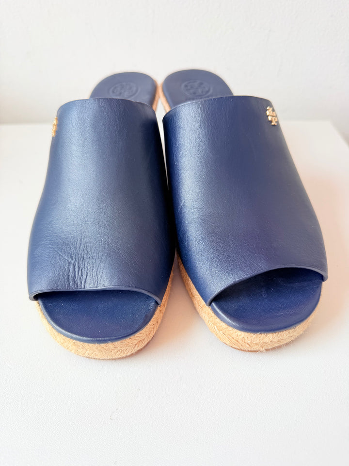 Tory Burch Bima Espadrille Wedge Sandals In Navy Blue Size 8 New