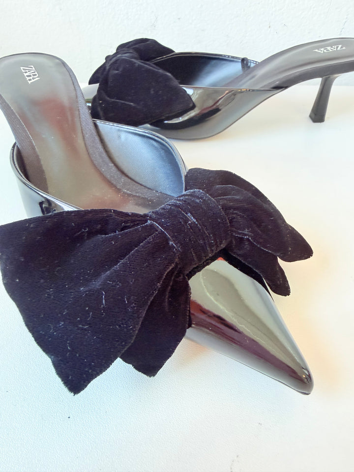 Zara Black Patent Bow Mule Heeled Kitten Heels Size 38 New
