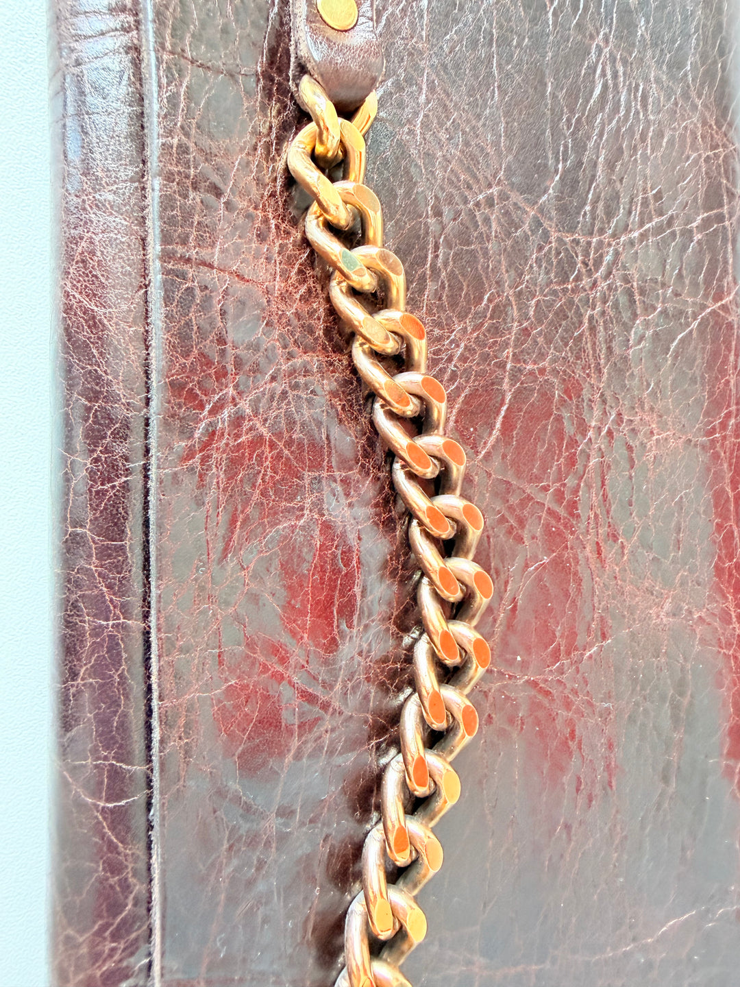 Moss Mills Dark Brown Textured Leather Clutch With Gold Chain Detail