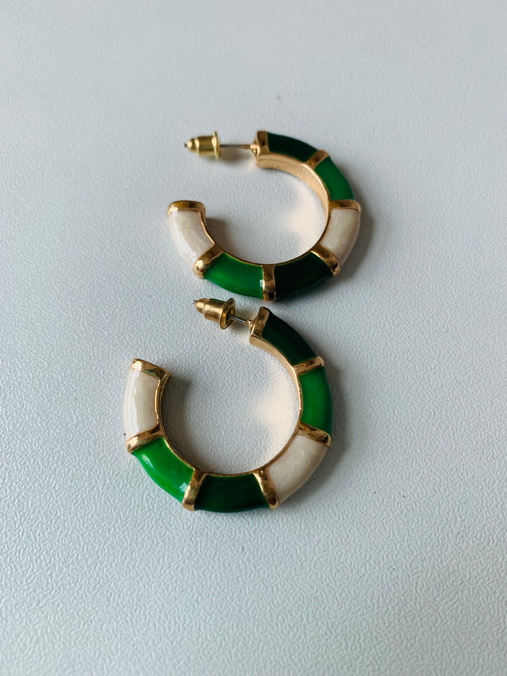 Green Enamel Earrings in Gold Tone