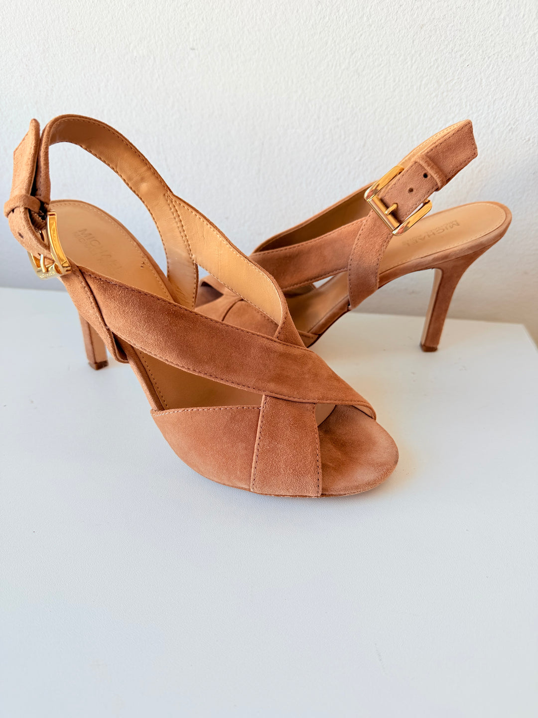 Michael Michael Kors Becky Suede Strappy Heeled Dark Khaki Sandals Size 7.5