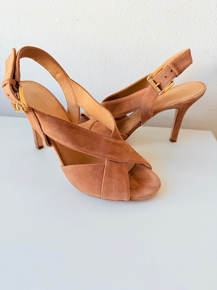 Michael Michael Kors Becky Suede Strappy Heeled Dark Khaki Sandals Size 7.5