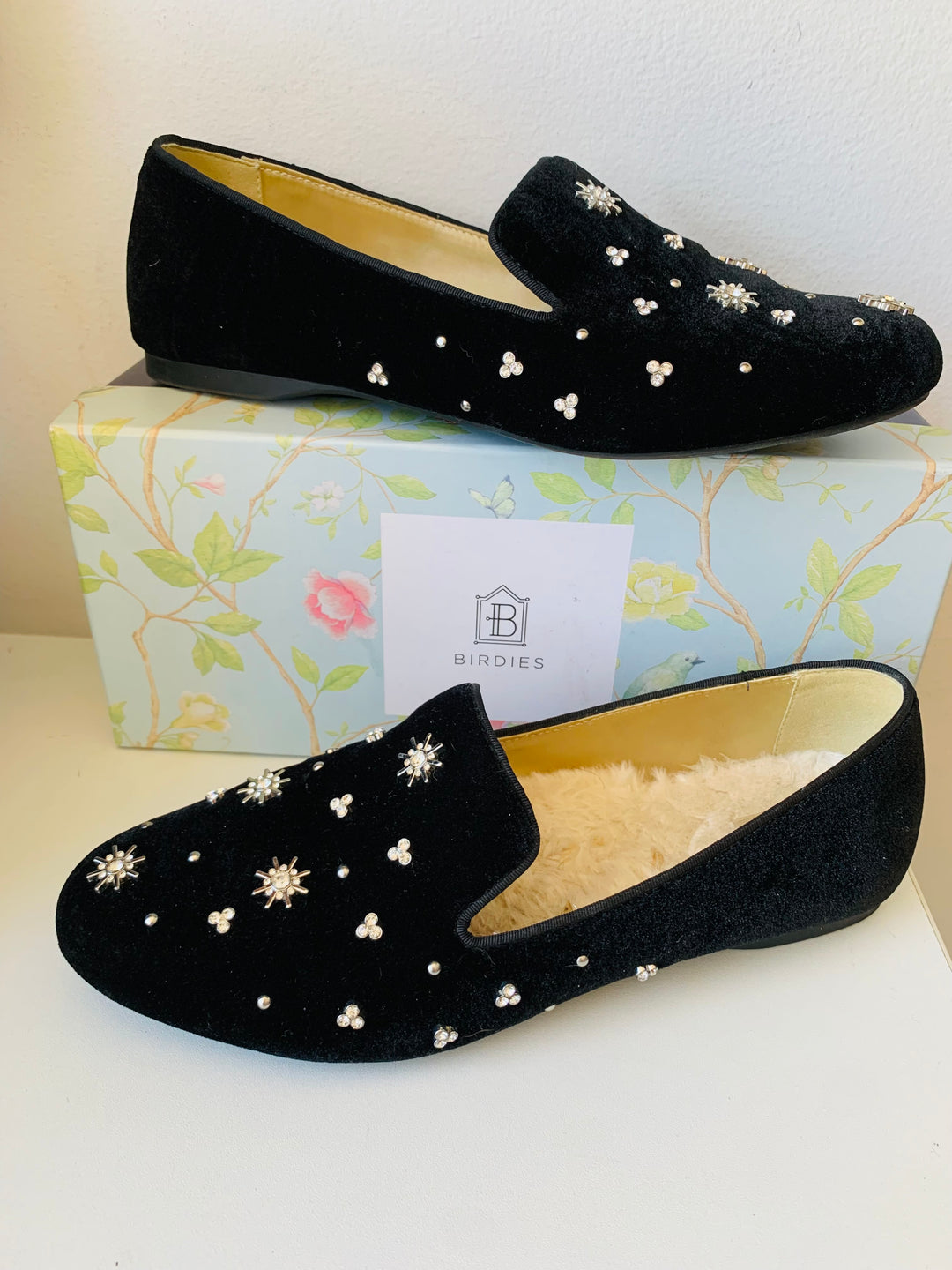Birdies Black Starling Rhinestone Velvet Slip On Flats Size 10