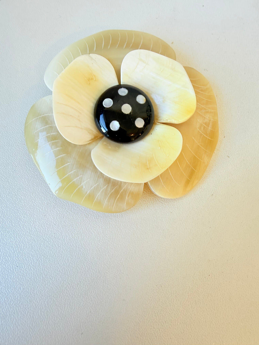 Carved Buffalo Horn Floral Brooch