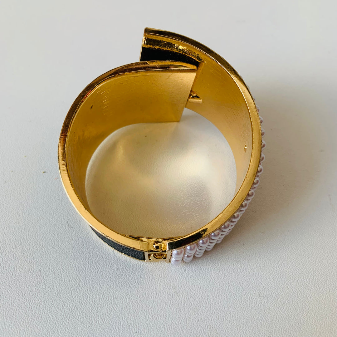 Pearl & Leather Cuff Hinged Bracelet
