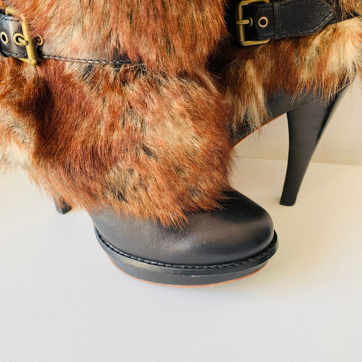 UGG Foxly Fur Leather Shearling Heeled Boots Size 6.5 In Brown Fur With Black Leather